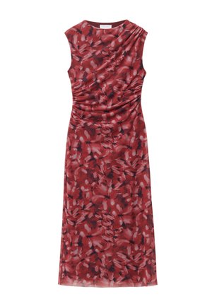 Rotes Blumendruck-Ärmelloses Kleid mit gerafften Details an Schulter und Taille, aus weichem, leichtem Stoff gefertigt.