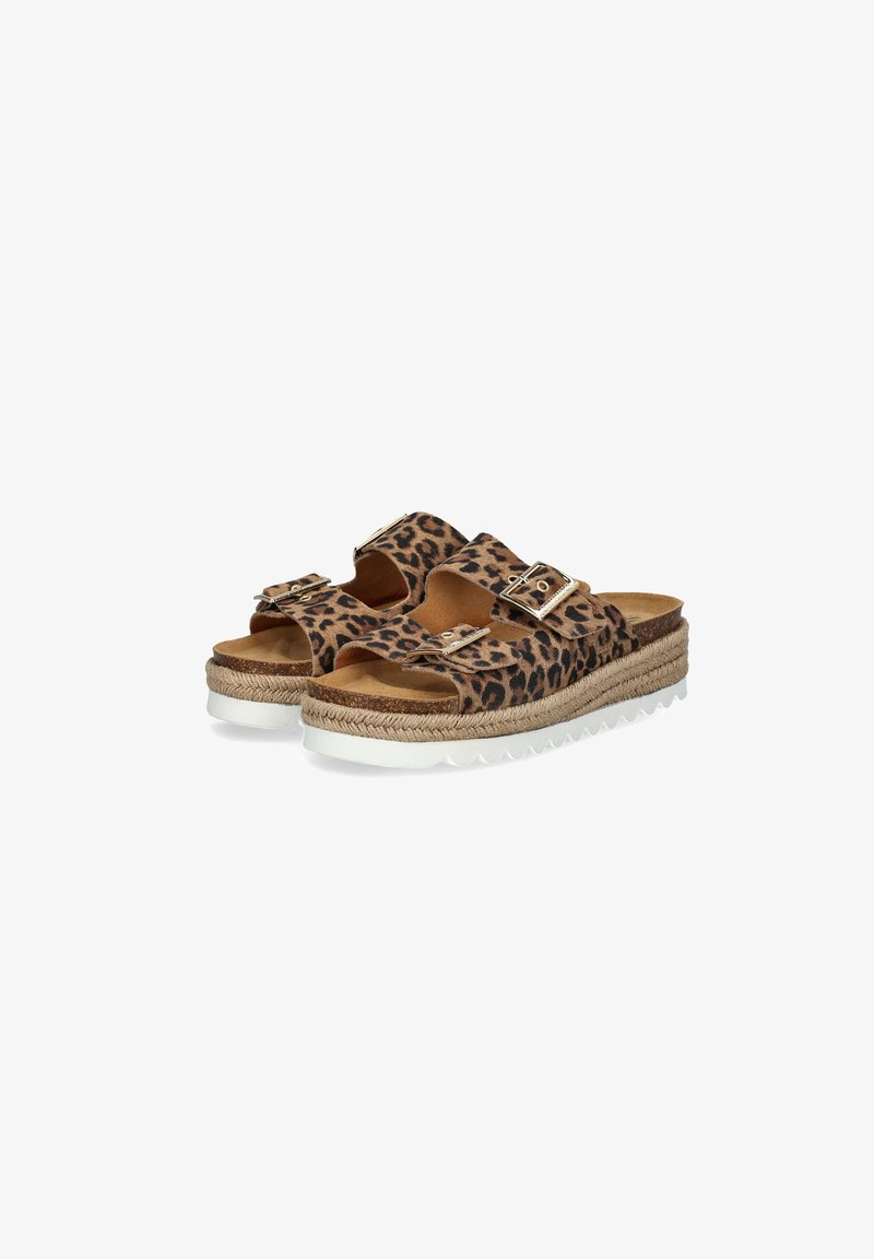 Leopard print sandals with two adjustable buckles, cork-like midsole, and white rubber sole featuring a wavy texture.