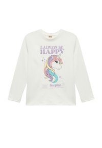 Langærmet hvid skjorte med en unicorn-grafik med pastelregnbue-manke, teksten "Always Be Happy" og brandlogo nederst.