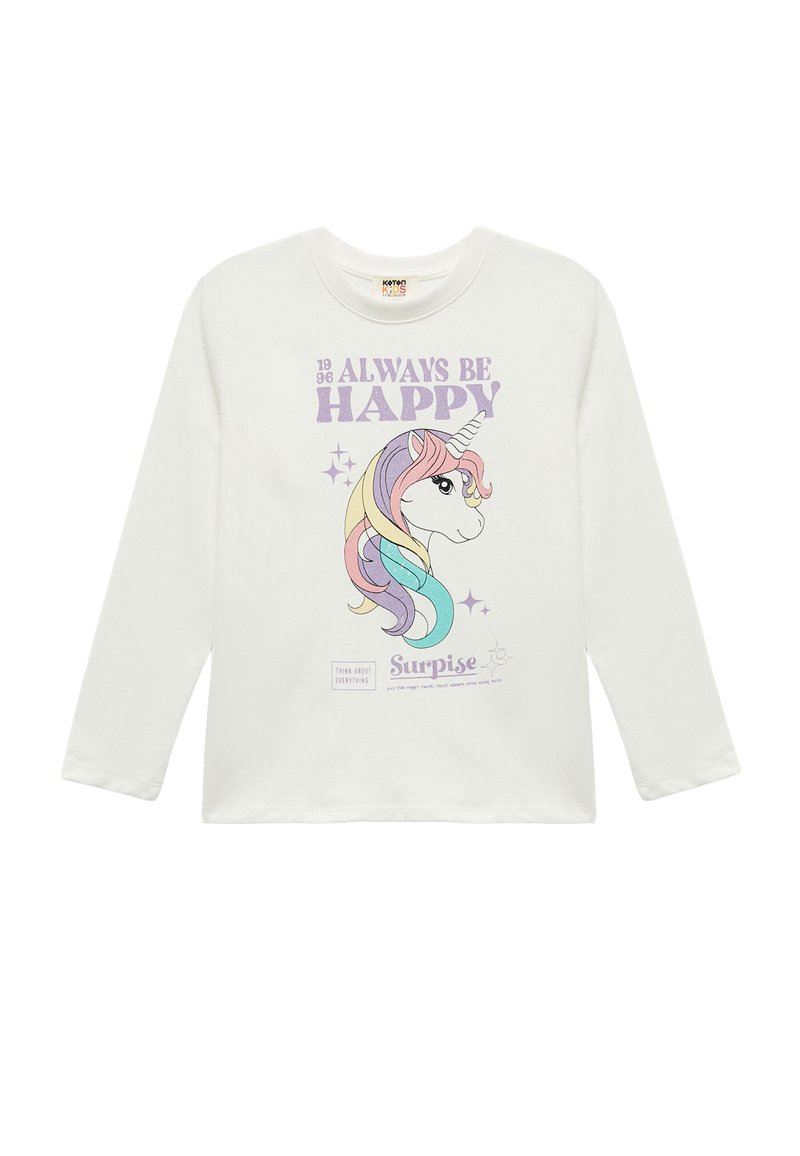Langærmet hvid skjorte med en unicorn-grafik med pastelregnbue-manke, teksten "Always Be Happy" og brandlogo nederst.