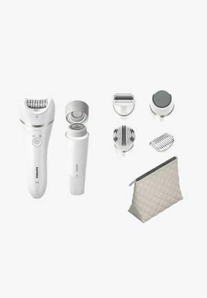 Philips ontharingsapparaat set in het wit, inclusief hoofdapparaat, verschillende opzetstukken en een grijze, gewatteerde zak met rits.