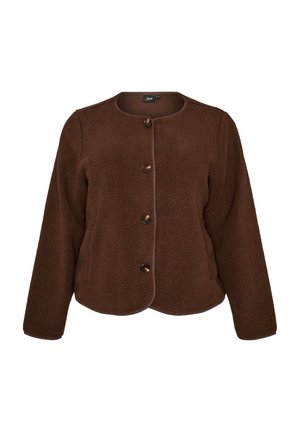 Braune Fleecejacke zum Knöpfen mit langen Ärmeln und rundem Ausschnitt, mit vier dunklen Knöpfen und leicht geschwungenem Saum.