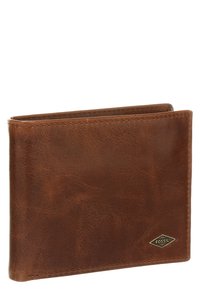 Braune Lederbörse mit strukturiertem Finish, im Bi-Fold-Design und einem kleinen goldenen Emblem in der unteren rechten Ecke.