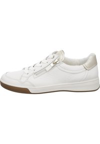 White leather sneaker with a textured finish, lace closure, side zipper, and metallic accent on the heel. Rubber sole with brown detailing.