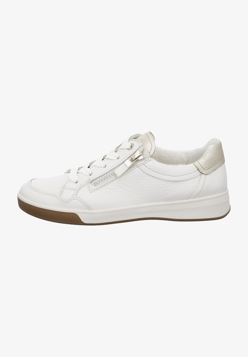 White leather sneaker with a textured finish, lace closure, side zipper, and metallic accent on the heel. Rubber sole with brown detailing.