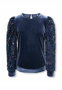 Top de terciopelo azul marino con mangas largas adornadas con lentejuelas multicolores, un escote redondo y un cierre con botones en la parte posterior.