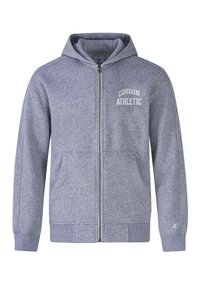 Grauer Reißverschluss-Hoodie mit einer Fronttasche, gerippten Bündchen und Saum. Mit "CORDON ATHLETIC" in weißem Text auf der linken Brustseite. Weicher Stoff.