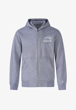 Grauer Reißverschluss-Hoodie mit einer Fronttasche, gerippten Bündchen und Saum. Mit "CORDON ATHLETIC" in weißem Text auf der linken Brustseite. Weicher Stoff.