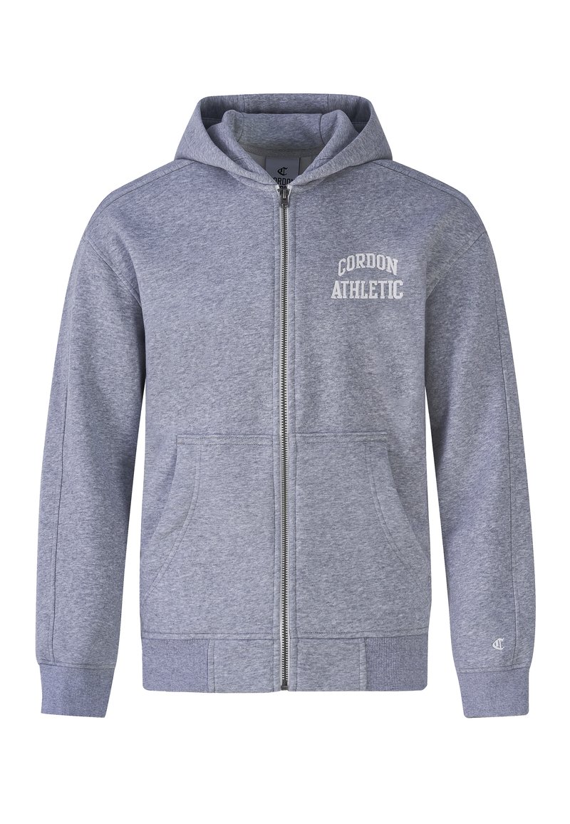 Grauer Reißverschluss-Hoodie mit einer Fronttasche, gerippten Bündchen und Saum. Mit "CORDON ATHLETIC" in weißem Text auf der linken Brustseite. Weicher Stoff.