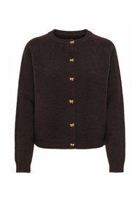 Brūns kardigans ar apaļu izgriezumu un zelta tauriņa formas pogām priekšpusē. Mīksts materiāls, garas piedurknes un brīvs piegriezums.