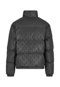 Giubbotto imbottito grigio scuro con un motivo tonale, presenta un collo alto, un design trapuntato e polsini elastici, offrendo una finitura testurizzata.