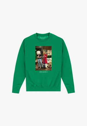 Groene sweatshirt met een centrale graphic van "Friends," waarop twee personages in een woonkameromgeving zijn afgebeeld. Gemaakt van een katoenmix.
