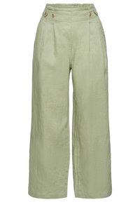 Pantalones de pierna ancha de talle alto de color verde claro con detalles de botones en la cintura y sutiles pliegues en la parte delantera.