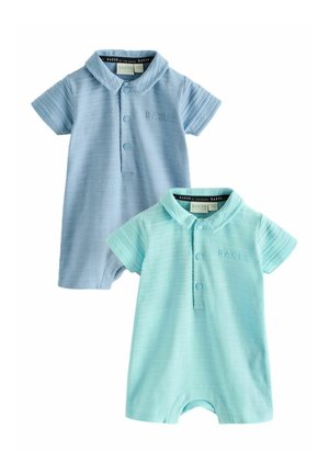Zwei kurzärmelige Baby-Strampler aus strukturiertem Stoff, einer hellblau und einer mintgrün, jeweils mit Kragen und vorderen Druckknöpfen.