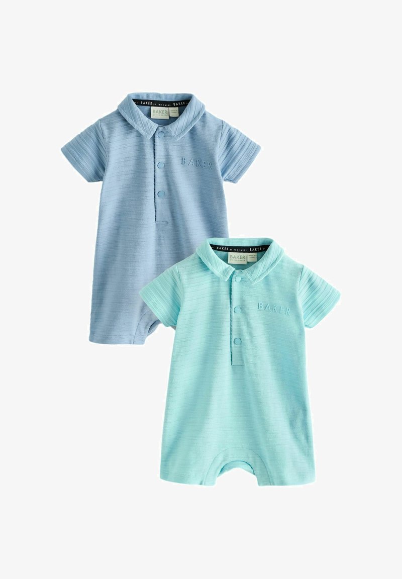 Dwa krótkie śpioszki niemowlęce z teksturowanej tkaniny, jeden w jasnoniebieskim, drugi w miętowej zieleni, każdy z kołnierzykiem i frontowymi zatrzaskami.