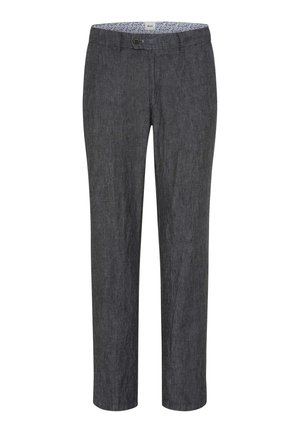 Mørkegrå bukser med lige ben, knap- og lynlåslukning, bæltestropper og blomstret indvendigt linning.