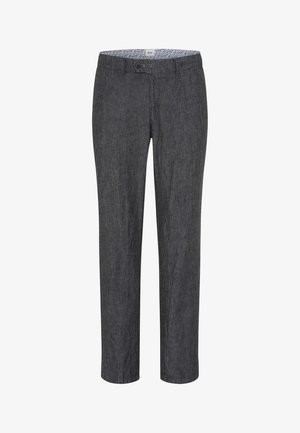 Mørkegrå bukser med lige ben, knap- og lynlåslukning, bæltestropper og blomstret indvendigt linning.