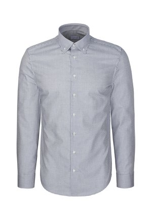 Herreskjorte med lange ærmer, små navy- og hvide tern og knapper på kraven.