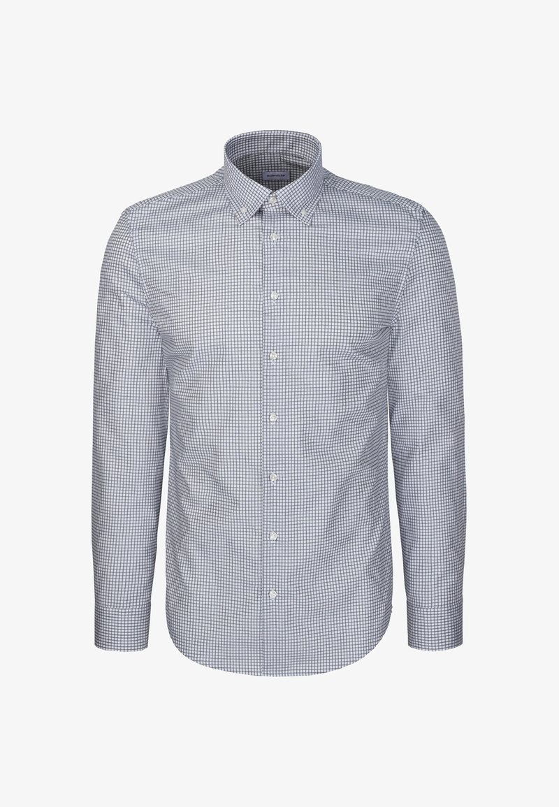 Chemise homme à manches longues avec un petit motif à carreaux bleu marine et blanc et col boutonné.