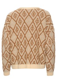 Beige tröja med brunt strukturerat diamantmönster och små blommönster, med ribbade ärmslut och midja, visad bakifrån.