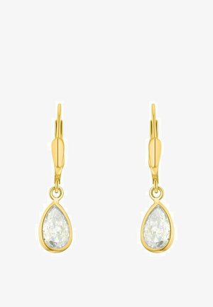 Goldfarbene Tropfohrringe mit tränenförmigen klaren Kristallen, gesichert mit Hebelverschluss, die ein glattes Finish und einen sanften Glanz zeigen.