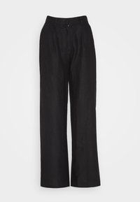 Černé lněné kalhoty s širokými nohavicemi a vysokým pasem, které mají na přední straně sklady, zipový uzávěr a hladkou texturu. Viditelné kapsy nejsou.