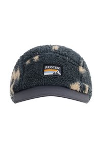 Cappello in pelliccia sintetica di colore verde scuro con macchie beige. Presenta una visiera piatta e un patch cucito con il logo PROTEST sulla parte anteriore per l'identificazione del marchio.