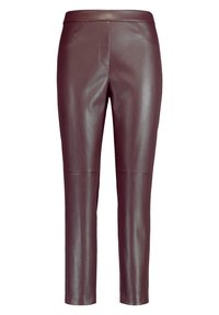 Burgundy läderbyxor med slim fit, utrustade med två framfickor och en slät textur. Midjehög med sömdetaljer.