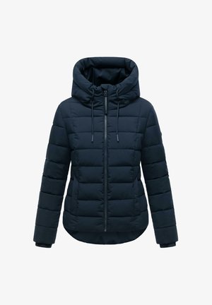 Donkerblauwe pufferjack met een hoge kraag, ritssluiting en verstelbare trekkoordcapuchon. Voorzien van gevoerde quilted padding en ribgebreide manchetten.