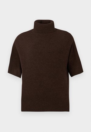 Küsimus lühikeste varrukatega pruunist kõrge kaelusega kampsunist, mis on valmistatud pehmest kudumist; sellel on soonikust krae ja äär, pakkudes mugavat istuvust.