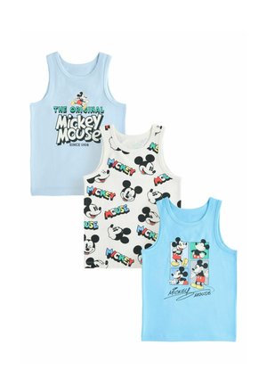 Drei ärmellose Kleinkind-Shirts in Blau und Weiß, jeweils mit unterschiedlichen bunten Mickey-Mouse-Designs und Texten.