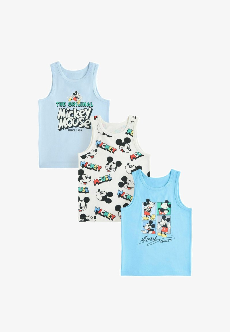 Trois chemises sans manches pour tout-petit en bleu et blanc, chacune présentant des motifs colorés différents de Mickey Mouse et du texte.