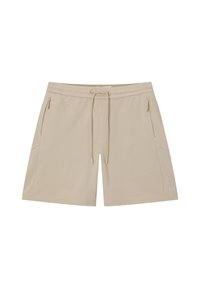 Beige shorts with an elastic waistband, drawstring, and zippered side pockets, displayed flat on a white background.