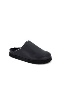 Black faux leather clogs featuring a rounded toe, textured interior, and small white studs along the upper edge. Rubber sole with grip texture.