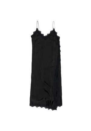 Abito sottoveste in satin nero con spalline sottili, caratterizzato da un bordo in pizzo lungo il colletto e l'orlo per un tocco di texture e dettaglio.