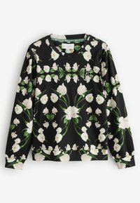 Czarny sweatshirt z kwiatowym wzorem w białe kwiaty i zielone liście. Rybkowane mankiety i dół podkreślają design.