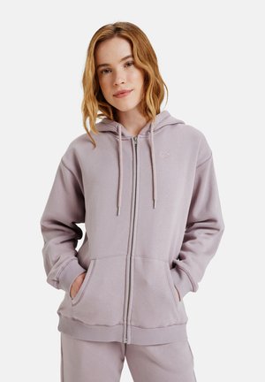 Licht paarse zip-up hoodie, zachte stof, met trekkoordcapuchon, geribde manchetten, kangaroo zakken, subtiele logodetail op de borst.