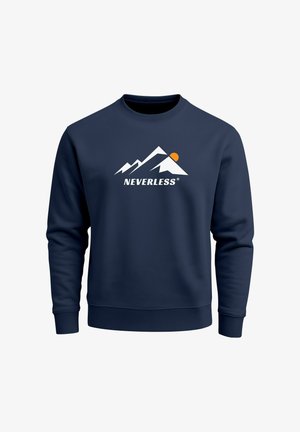 Marineblauer Sweatshirt, Baumwollmischung, Rundhalsausschnitt, mit weißem Bergmotiv und orangefarbenem Sonnenlogo über dem Schriftzug "NEVERLESS."