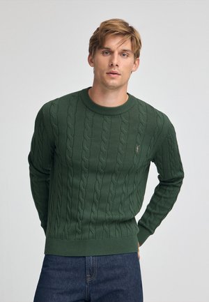 Grüner Kabelstrickpullover mit langen Ärmeln und geripptem Halsausschnitt, mit einem kleinen Logo auf der Brust. Hergestellt aus einem weichen, strukturierten Material.