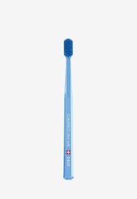 Brosse à dents Curaprox 5460 avec un manche bleu et mince, et une tête arrondie dotée de petites soies hexagonales pour un nettoyage doux.