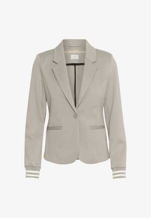 Light gray blazer made of soft fabric, featuring a notched collar, two front pockets, and striped cuffs. Single button closure at the front.