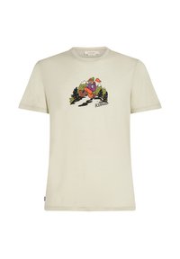 Beige kortærmet t-shirt lavet af blødt materiale med en farverig grafik af en vandrer med bjerge i baggrunden.