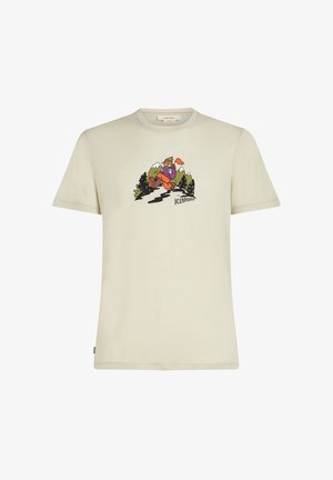 Beige short-sleeve t-shirt made of soft fabric featuring a colorful graphic of a hiker with mountains in the background.