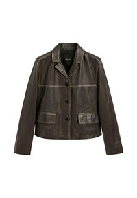 Mørkebrun læderjakke med knaplukning foran, hakket krave og to forlommer. Glat tekstur med synlige syningsdetaljer.