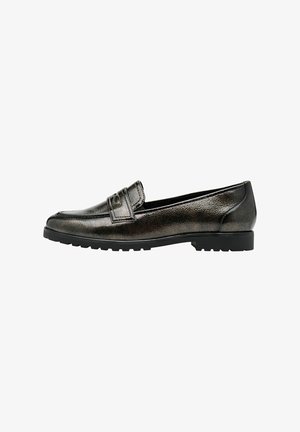 Loafers made of textured dark metallic leather with a classic design, featuring a raised accent strap and a sturdy black rubber sole.