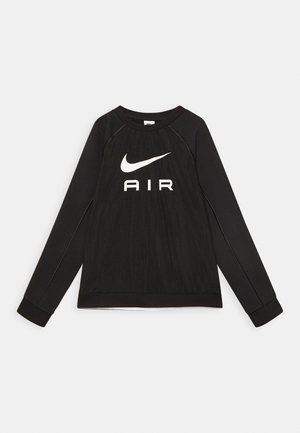 Sweatshirt noir à manches longues fabriqué en tissu doux, avec un logo blanc Nike et le texte "AIR" sur le devant, doté de poignets et d'encolure côtelés.