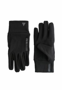 Czarne rękawice pełnofingrowe z odblaskowymi paskami i małym geometrycznym logo, prezentujące widok od wewnętrznej strony dłoni oraz zewnętrznej na białym tle.