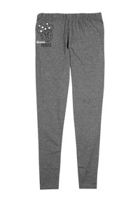 Leggings grigi con vita elasticizzata, tessuto morbido e un design stampato del volto di Minnie Mouse sul lato sinistro.
