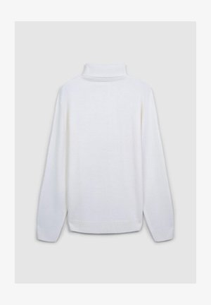 Maglione bianco a collo alto con polsini e orlo a coste. Realizzato in un morbido materiale a maglia liscia, presenta un colletto aderente e una vestibilità comoda.