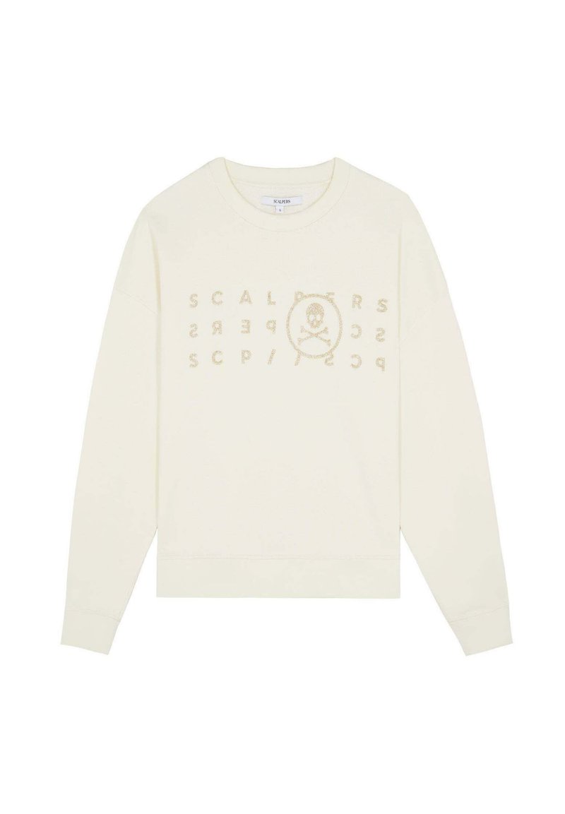 Sweatshirt crème avec un col rond, des manches longues, des poignets côtelés et un graphique à l'avant comportant du texte et une tête de mort dans un cercle.
